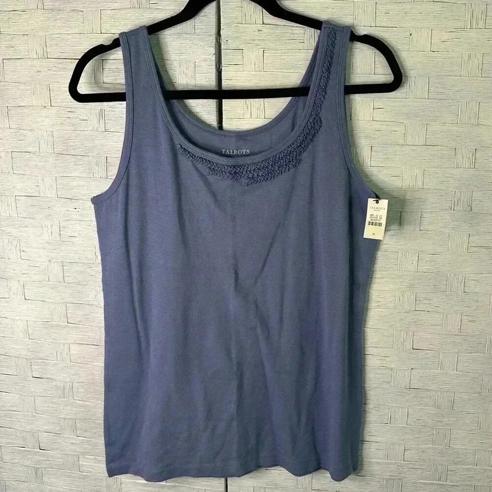 Talbots Womens tank top light blue asymmetrical ruffles on collar feminine girly